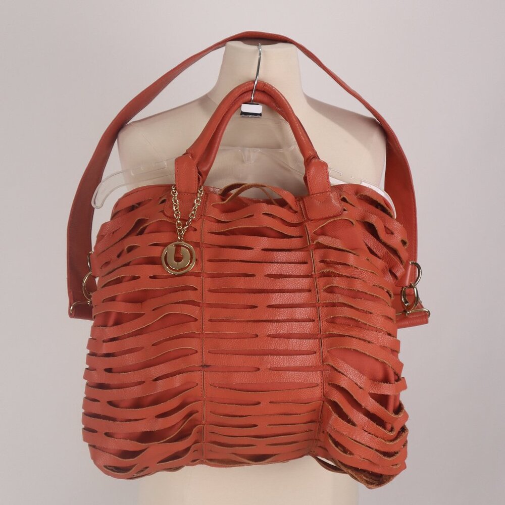 ❄️ Vtg Charles Jourdan Brick Colored Leather Laser Cut Out Handbag Satchel Purse